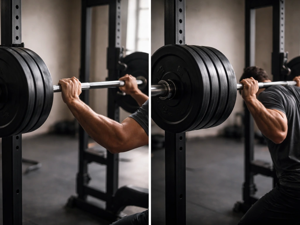 Two close-up views of a barbell rack and plates in a quiet gym during heavy and moderate sets.