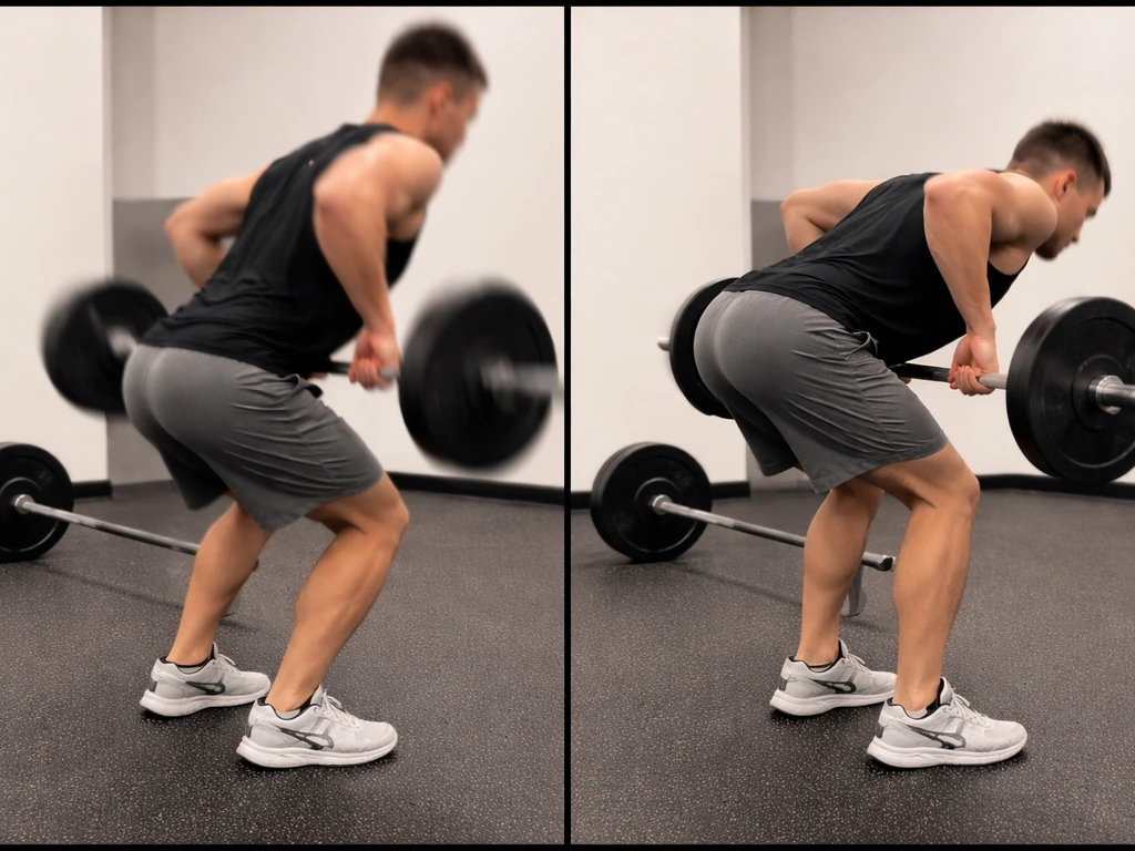 Split view of bad partial reps with momentum vs controlled full-range reps holding tension