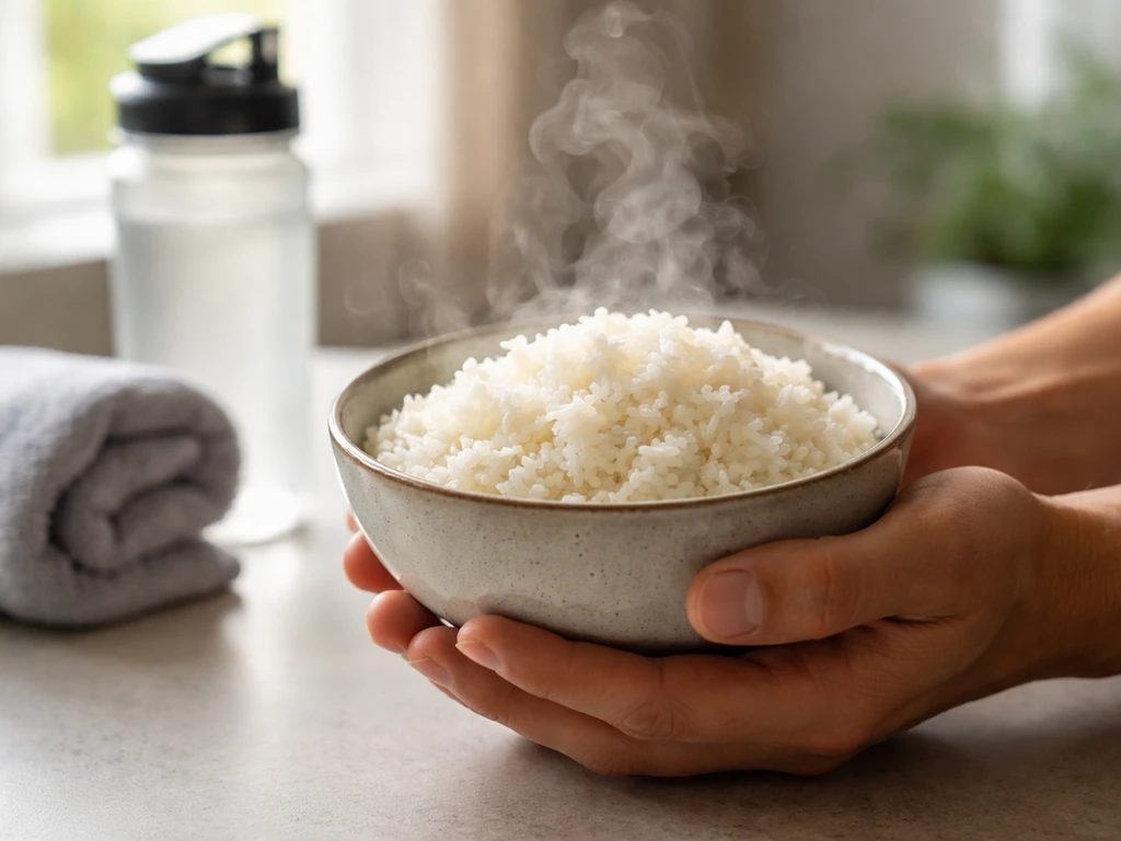 Hands holding a bowl of cooked rice on a kitchen counter, with workout gear in the background