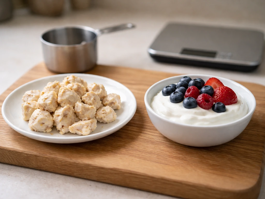 Side-by-side high-protein meal components on a cutting board with portion-sized servings