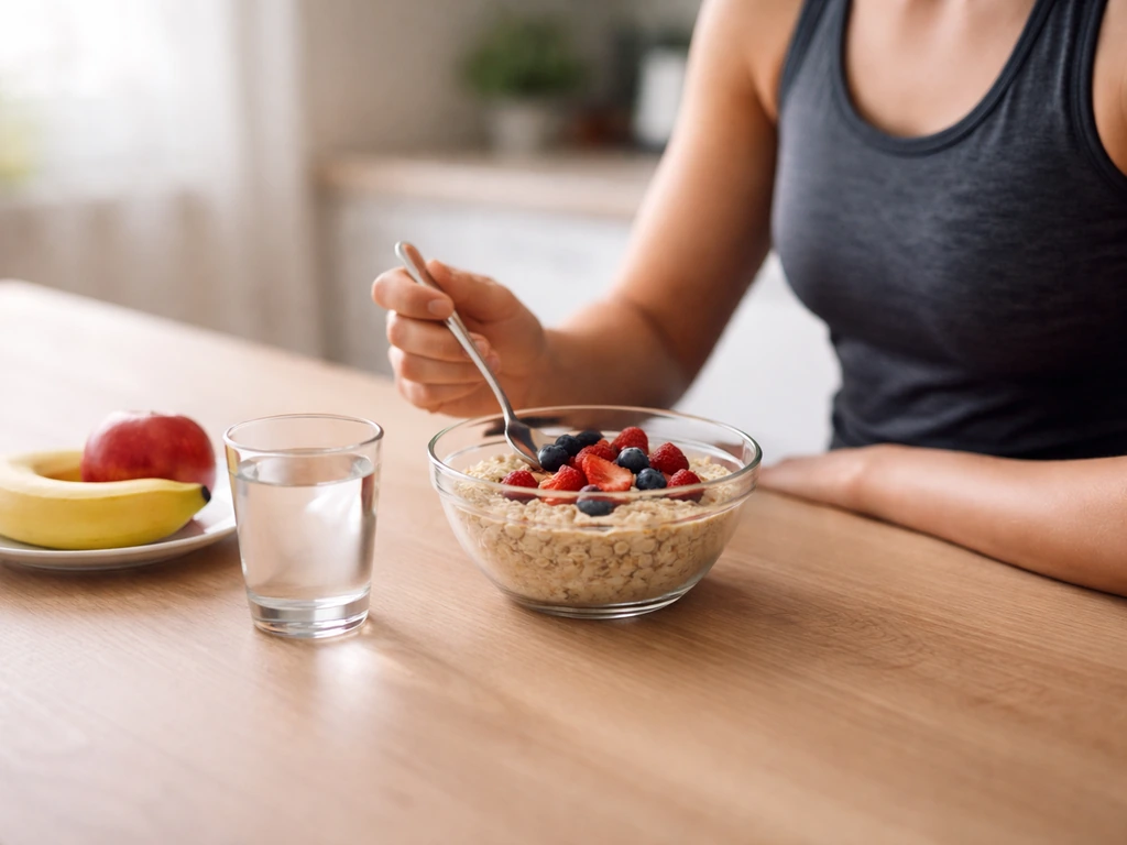 Woman seated at a kitchen table with a bowl of oats and berries before training, simple meal setup