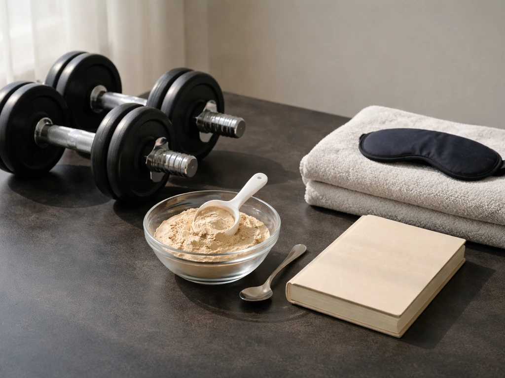 Minimal workout, protein, and recovery objects arranged together: dumbbells, protein scoop, and sleep items.