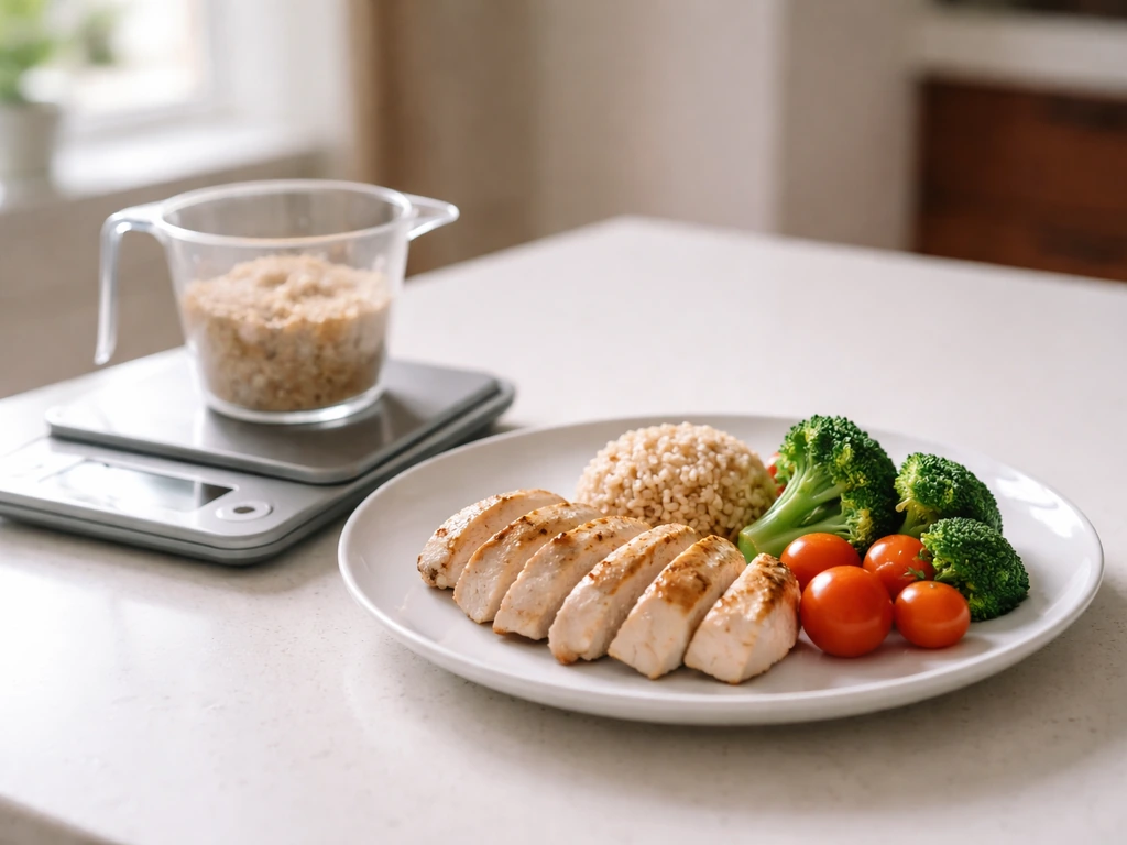 Close-up of a plate with portioned lean protein and measured carbs beside a small kitchen scale