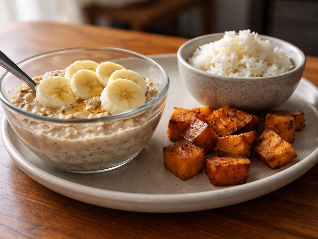 Pre-workout carbohydrate meal: oatmeal with banana and honey plus roasted sweet potatoes and rice.
