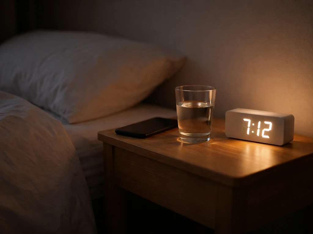 Nightstand with a lit alarm clock, glass of water, and a phone out of reach in a quiet bedroom.