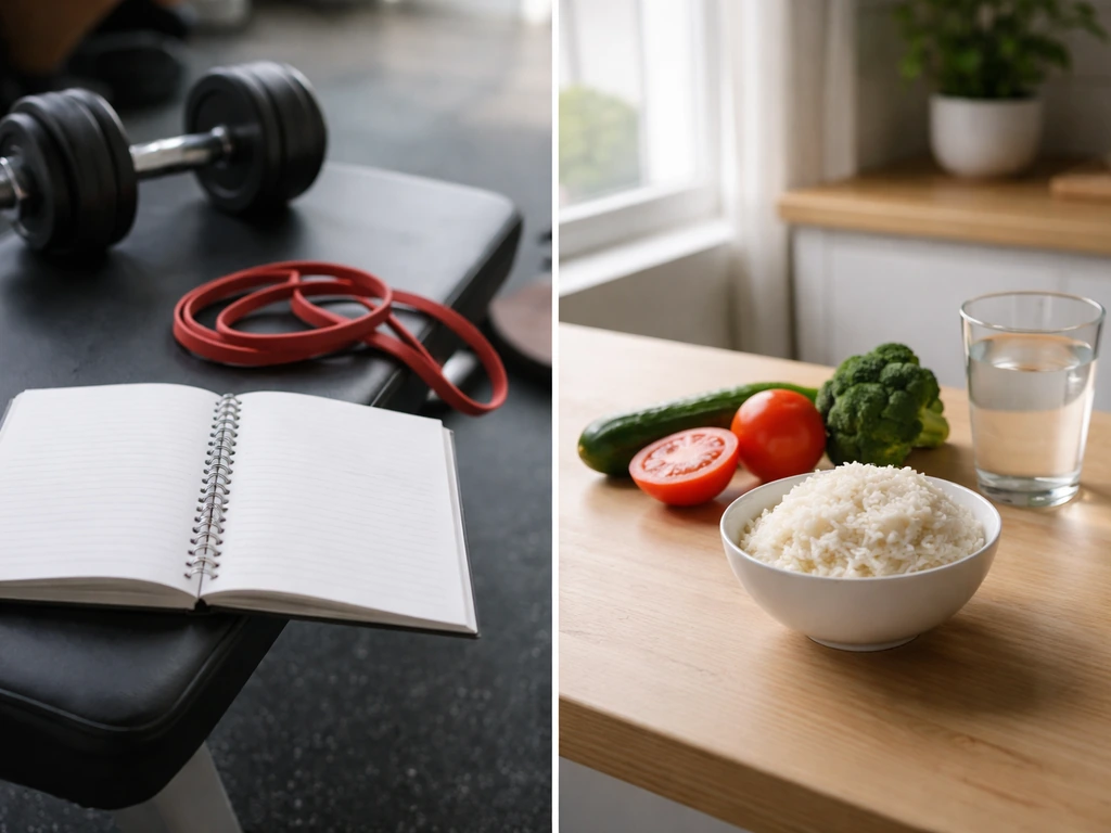 Split scene: stagnant dumbbells and blank workout notebook on one side, low-protein meal on the other.
