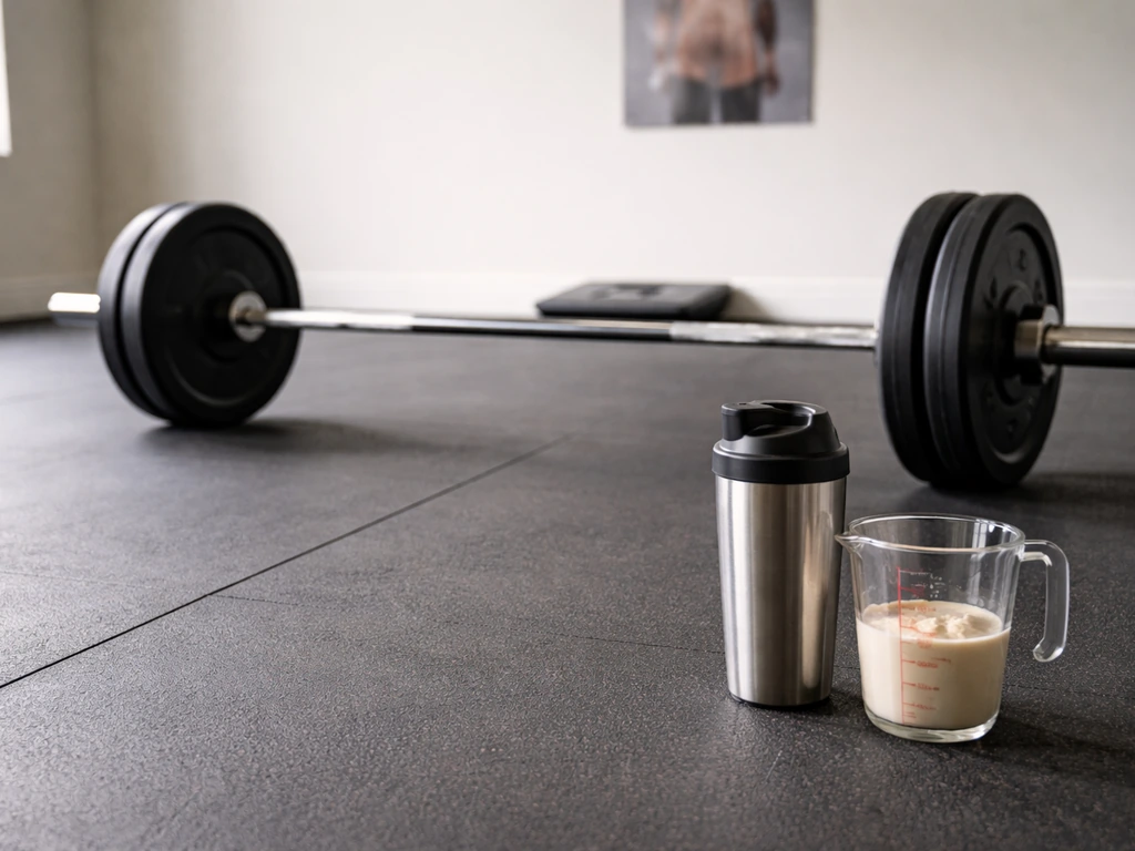 Barbell on gym floor with protein shaker and measuring cup beside a clean scale and body-composition photo backdrop.