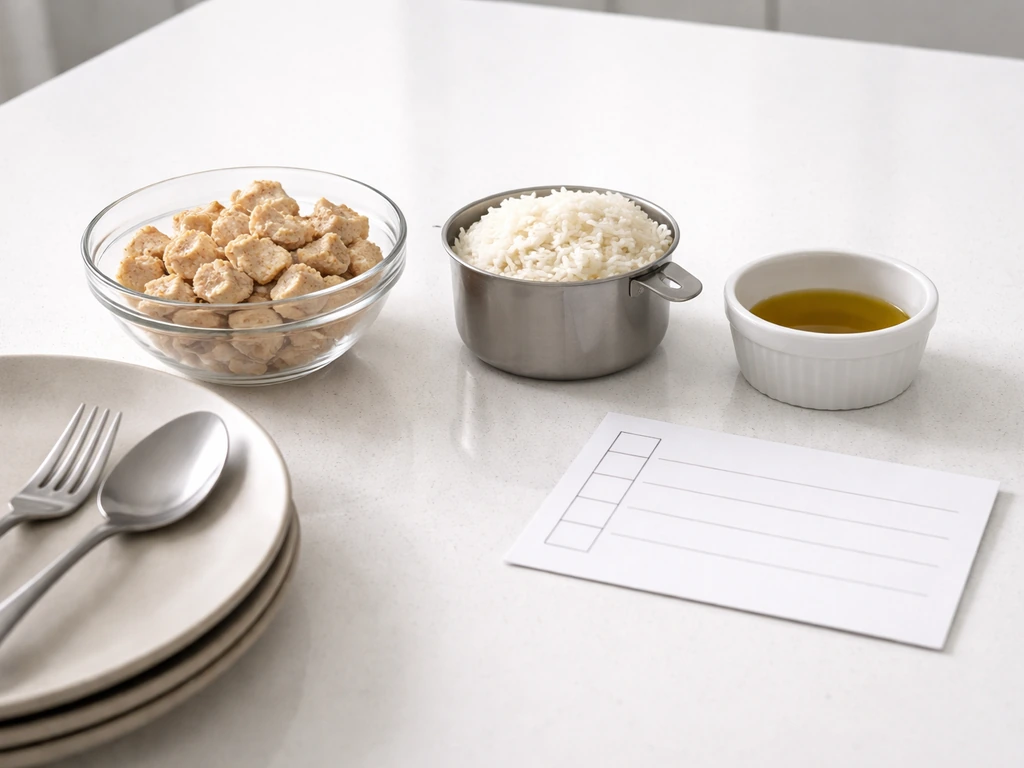 Lean-mass meal prep on a kitchen counter with measured carbs, protein, fats, and a blank tally card.