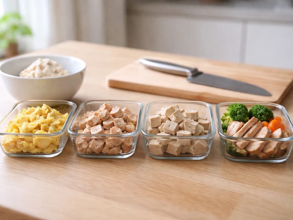 Four glass meal-prep containers with protein portions arranged on a kitchen table in natural light.