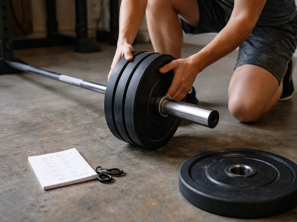 An athlete adds weight plates to a barbell next to a small set/rep sheet in a quiet gym.
