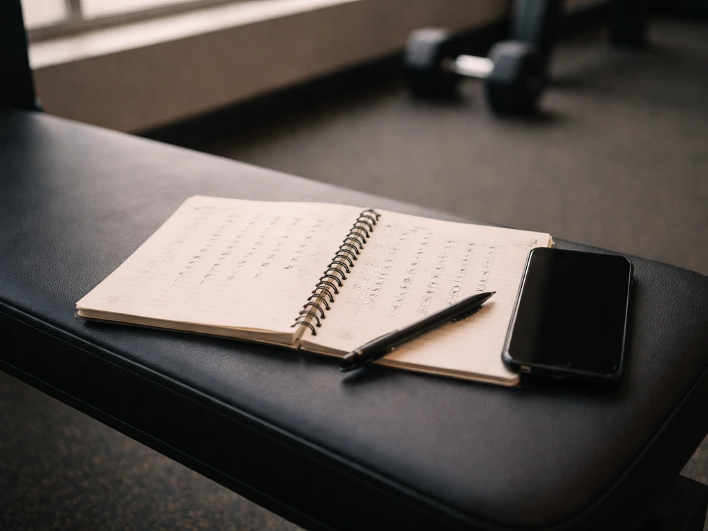 Open notebook and smartphone with handwritten checkmarks tracking weekly sets for one muscle group.