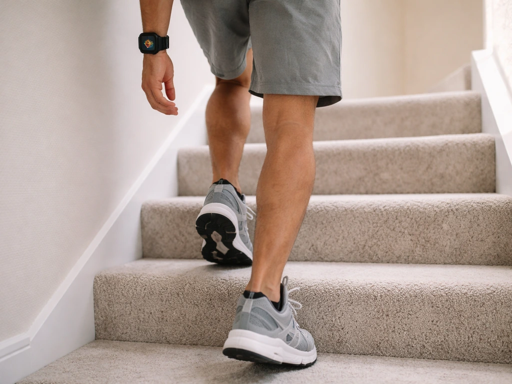 Person stepping up stairs with a fitness tracker smartwatch showing daily activity, minimal home entry.