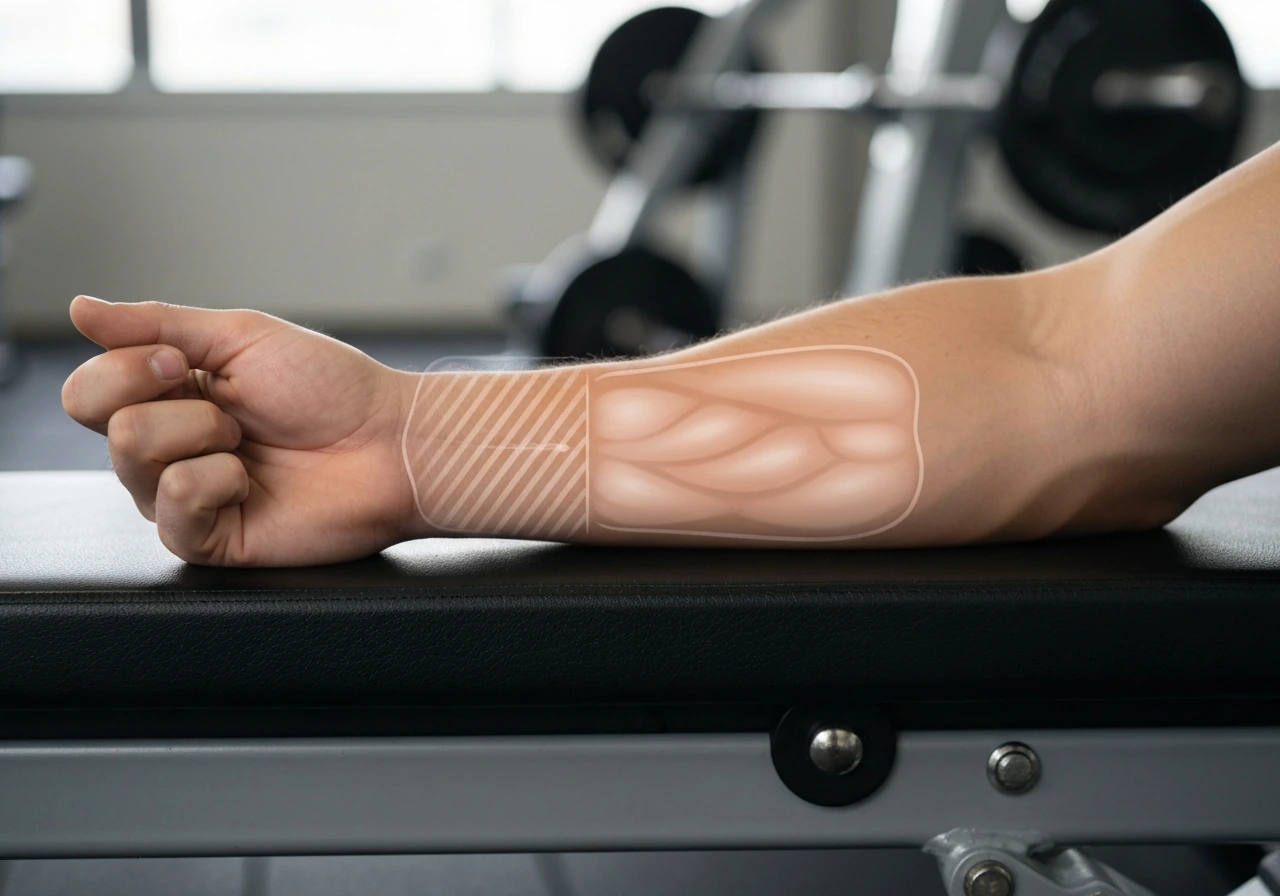 Close-up of an arm on a bench with subtle fast vs slow muscle fiber pattern effects.