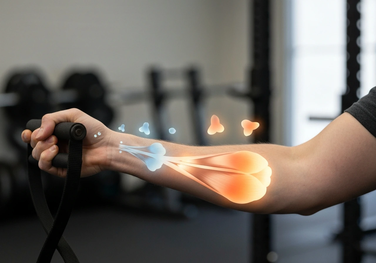 Anonymous forearm gripping a resistance device with subtle sequential muscle activation from small to large units.