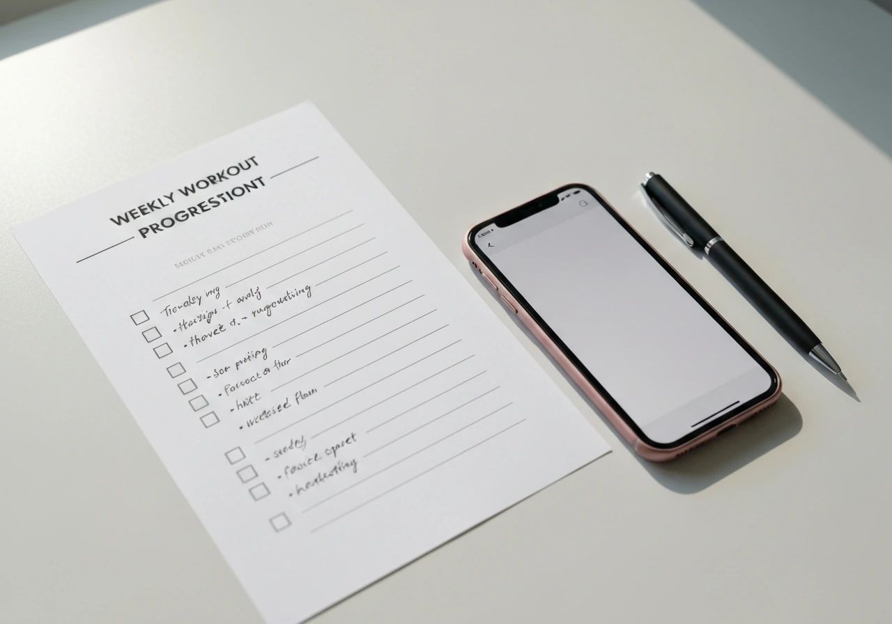 Desk with a simple weekly workout plan paper and a phone, ready for progressive overload notes.
