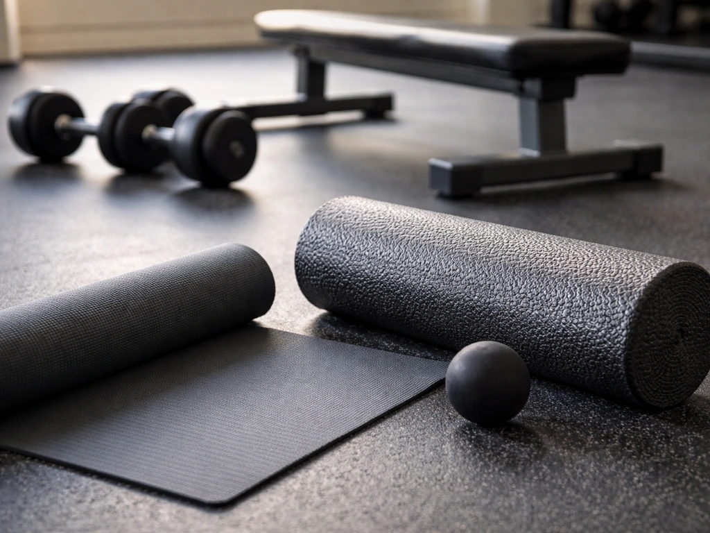 Foam roller beside free weights and a dumbbell on a workout mat, showing training vs massage recovery
