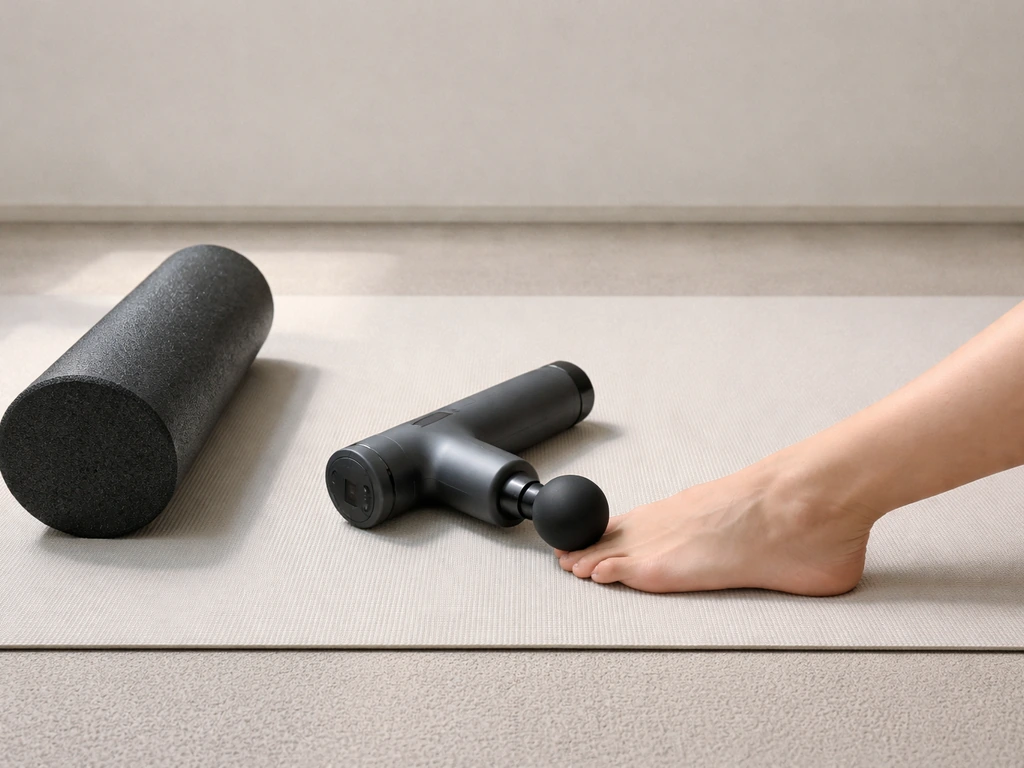 Foam roller and a percussion massager beside a lower leg receiving massage on an exercise mat.