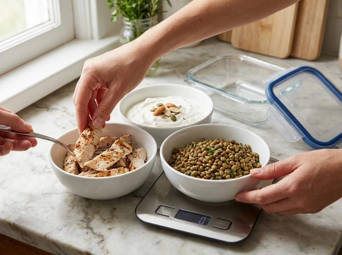 Protein portion sizes weighed and portioned to match daily muscle-growth targets.