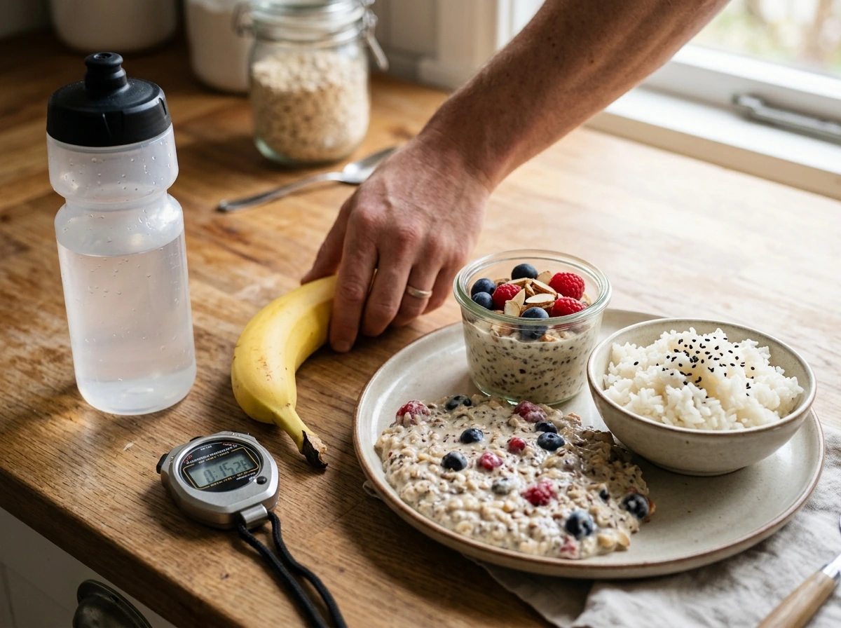 Carb-focused meal set up to fuel a workout.