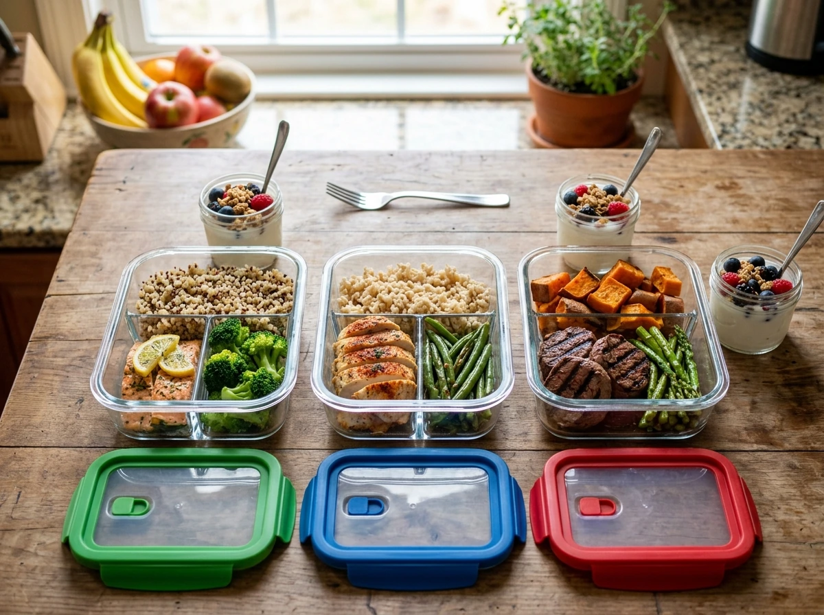 Three ready-to-eat muscle-growth meals packed in containers.
