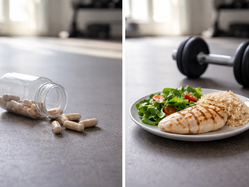 Split scene showing a supplement bottle beside a simple plate of real food and a dumbbell