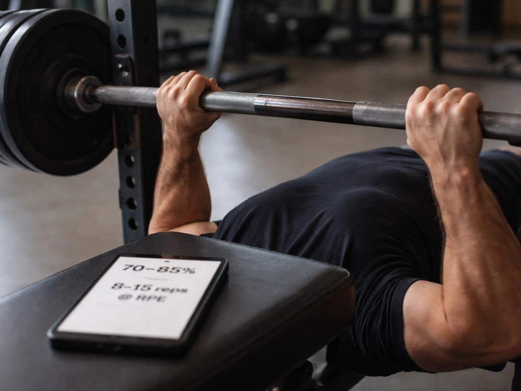 Hands gripping a barbell with plates, with a workout card/phone nearby showing a 70–85% target and 8–15 reps.
