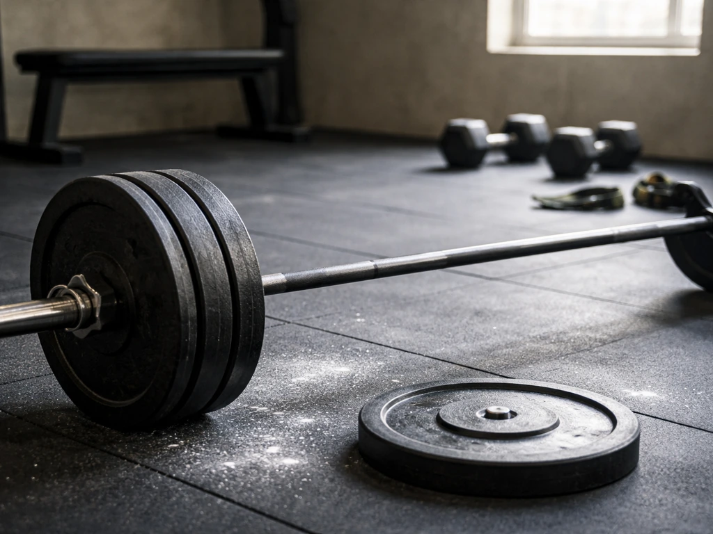 Minimal split training scene showing a barbell and gym floor with two distinct workout-day moments implied