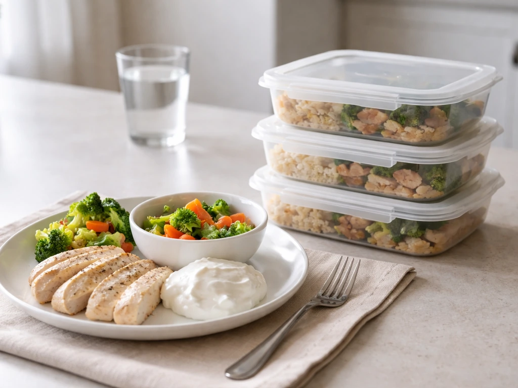 Minimal kitchen meal prep scene showing measured protein servings on a plate with a simple daily timing vibe.