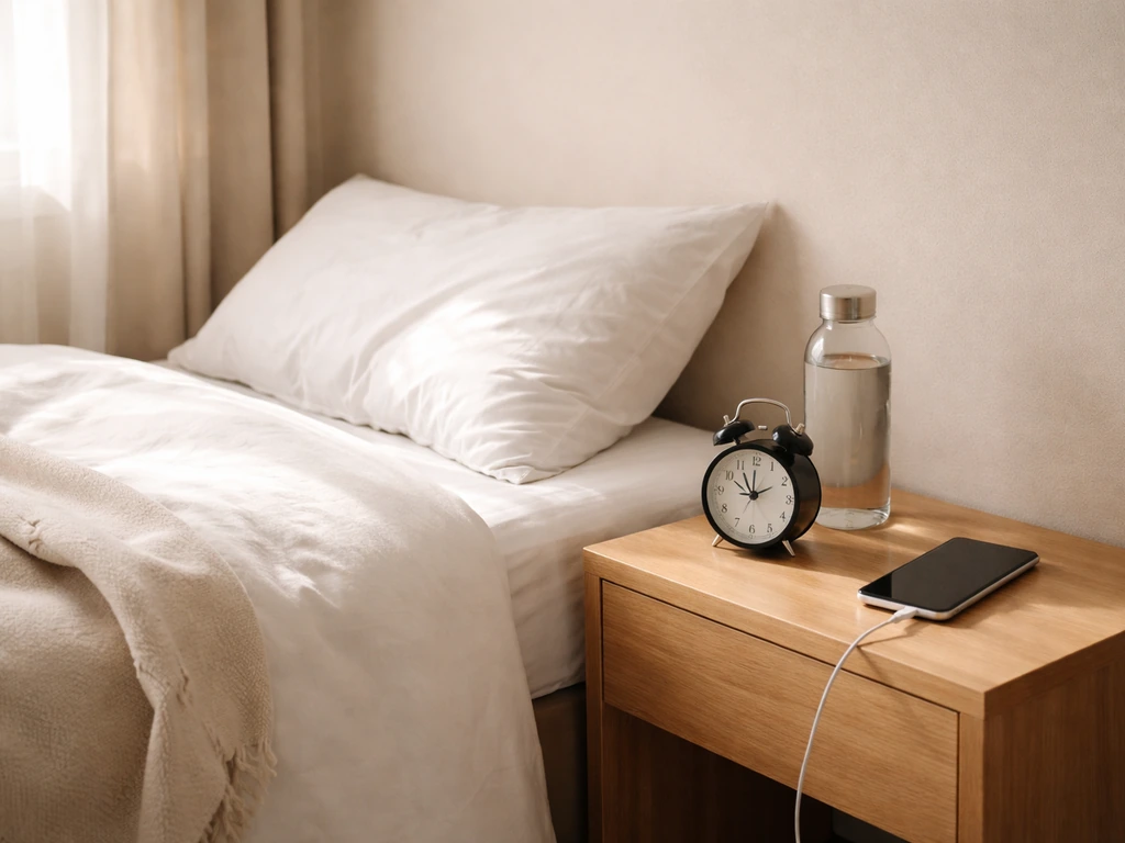 Minimal bedroom bedside setup with alarm clock, water bottle, and phone set for recovery sleep.