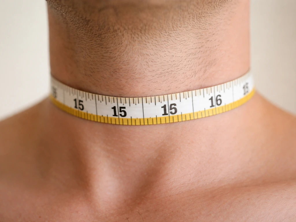 Close-up of a measuring tape around the thickest part of a neck to show hypertrophy tracking.