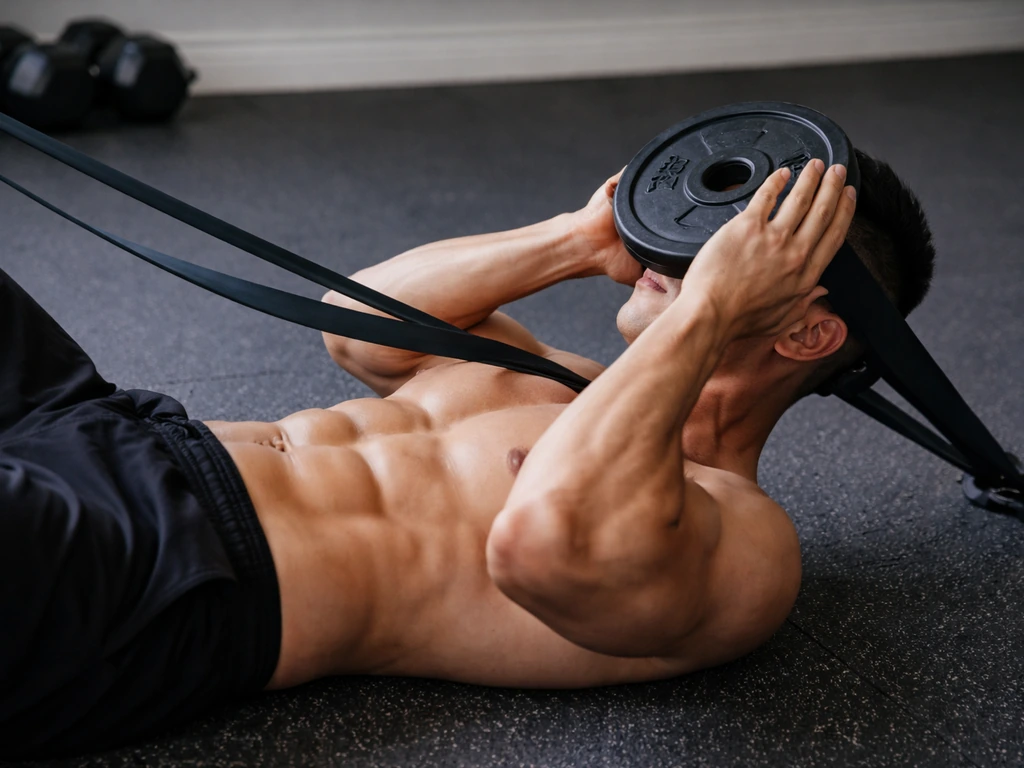 Forearms and torso training neck flexion with a resistance band and a weight plate in a simple gym setting