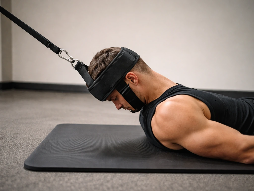 Person performing slow neck flexion with a head harness on a quiet gym floor