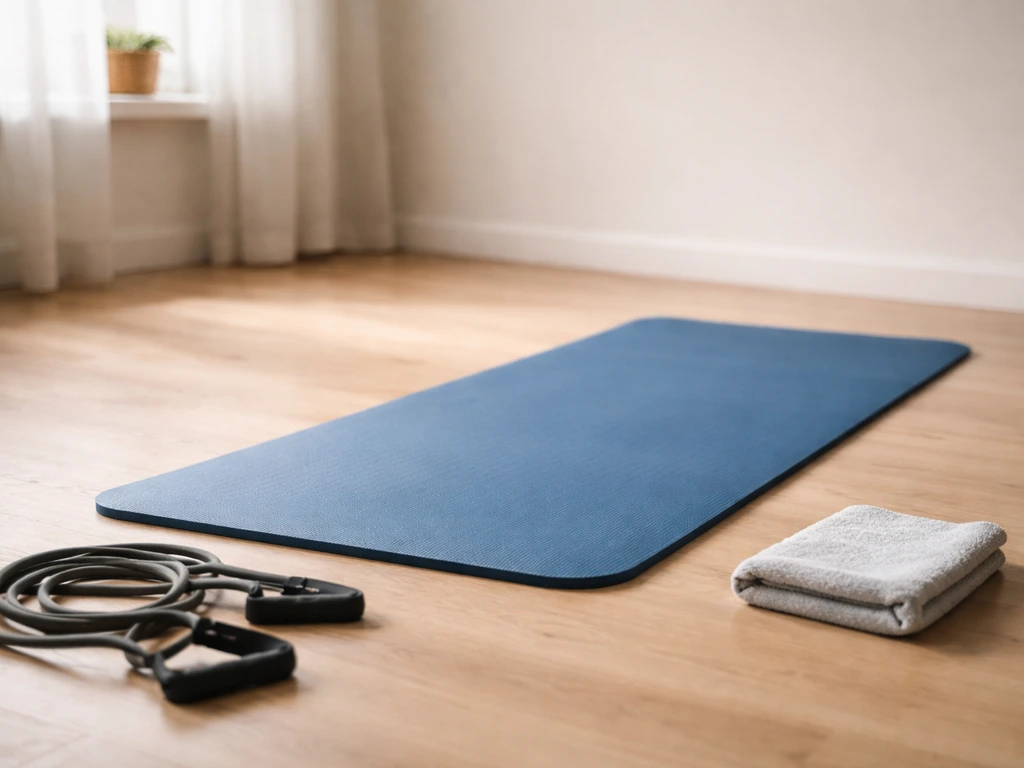 Close-up of a fitness mat and a resistance band on a clean floor, ready for a neck workout.