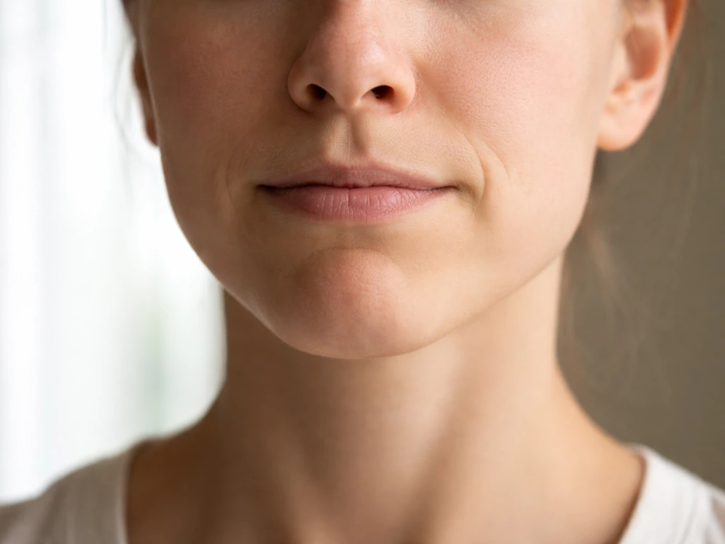 Person in a minimal setting pressing jaw against light resistance, showing cheek and jaw muscle engagement