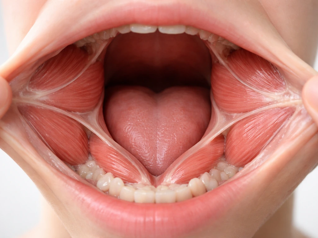 Close, realistic view of facial muscle anatomy inside a mouth with masseter and buccinator visible.