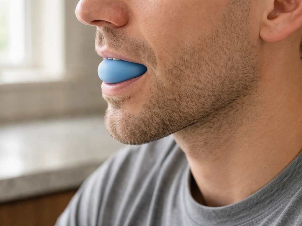 Adult in profile using a silicone resistance chewing trainer for jaw and masseter training in daylight.