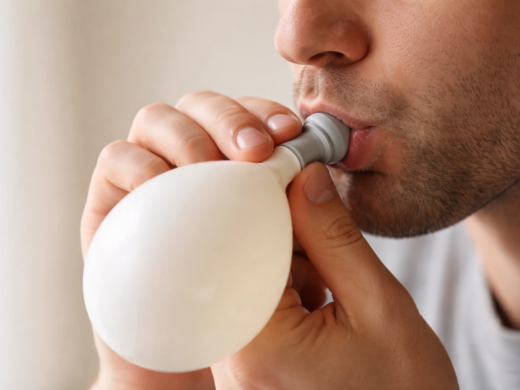 Close-up of hands using a lip trainer button and a balloon for perioral resistance training