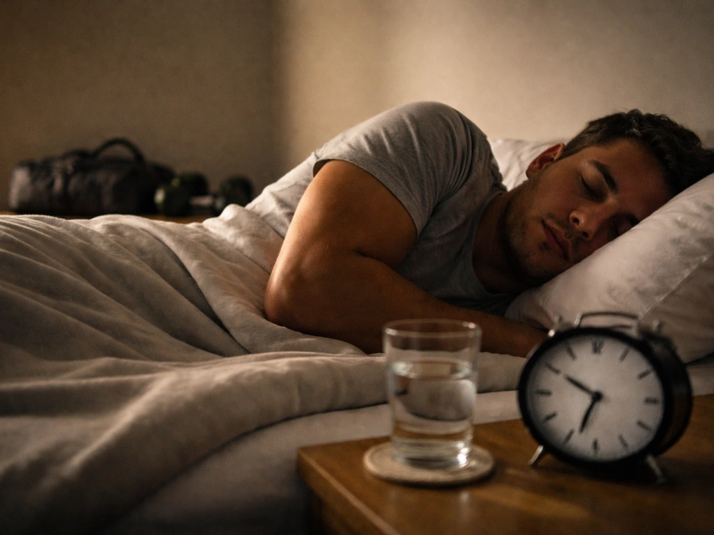 Person resting in bed with a bedside alarm clock and blurred gym gear nearby.