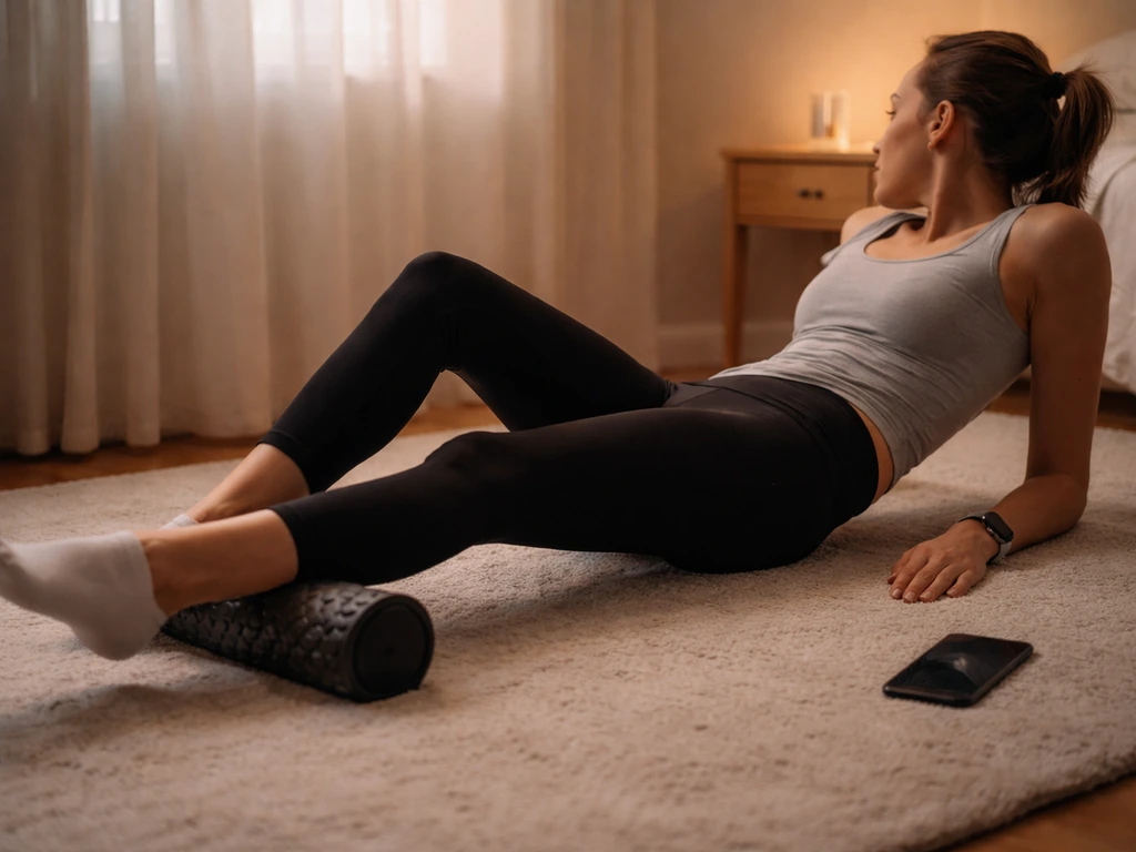 Person foam rolling in a quiet bedroom at night with a phone and watch nearby.