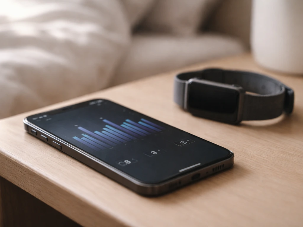 Close-up of a smartphone and wrist sleep-tracking wearable on a bedside table showing sleep metrics.