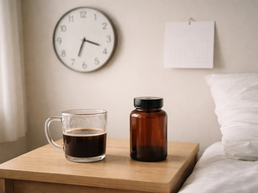 Coffee mug and unlabeled supplement bottle on a nightstand beside a wall clock near 3pm.