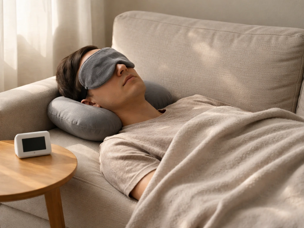 Person resting on a couch with an eye mask and travel pillow, early afternoon nap setup