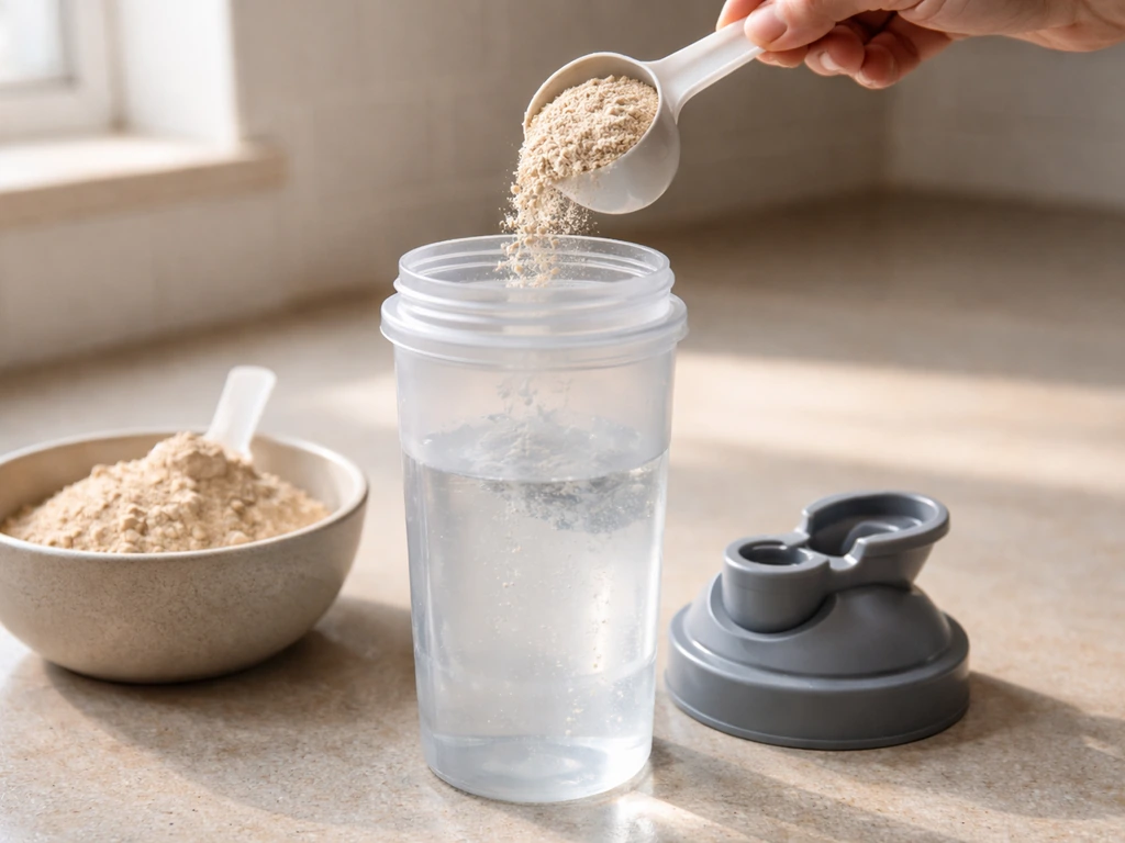 Powder being mixed into a shaker bottle with water on a kitchen counter, minimal lifestyle supplement prep.