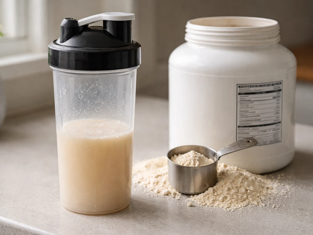 Scoop and shaker with beige mass gainer powder in a clean kitchen, plus a nutrition label visible
