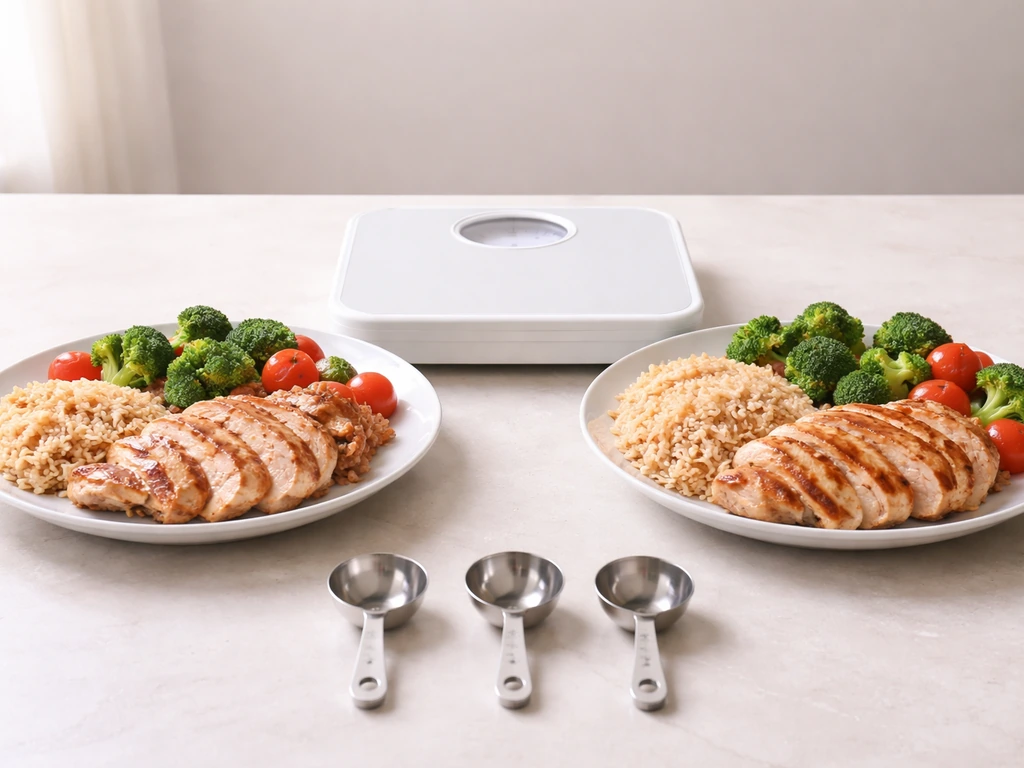 Side-by-side plates showing smaller vs larger portions next to a covered dial bathroom scale.