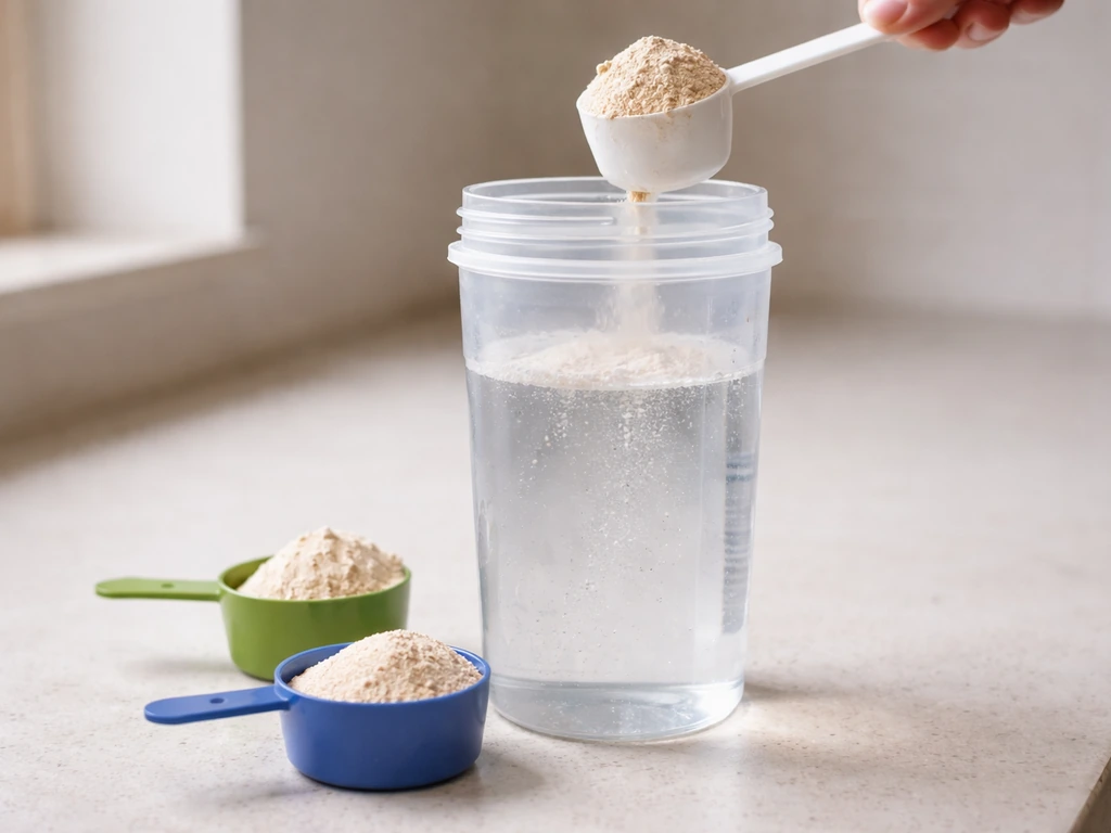Close-up of a measuring scoop pouring mass gainer powder into a shaker bottle with colored low vs higher scoops nearby.