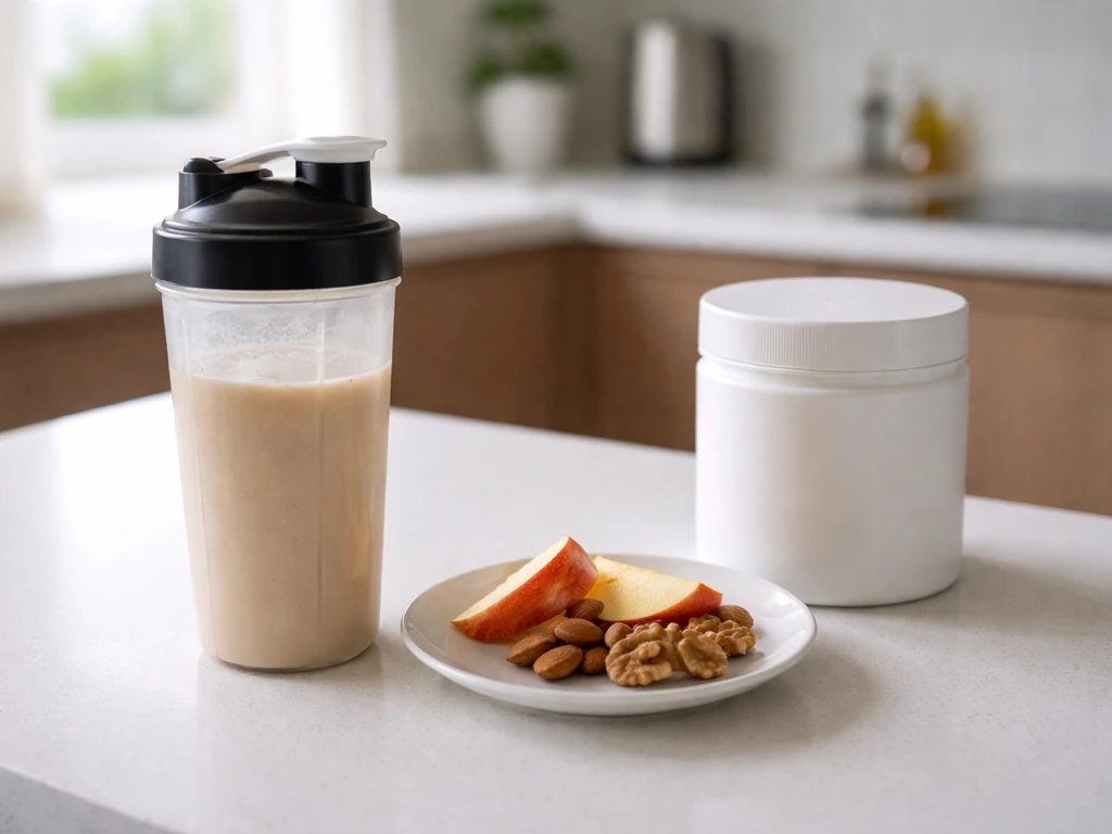 Shaker with mass gainer next to a small snack plate, with a closed creatine container left aside.