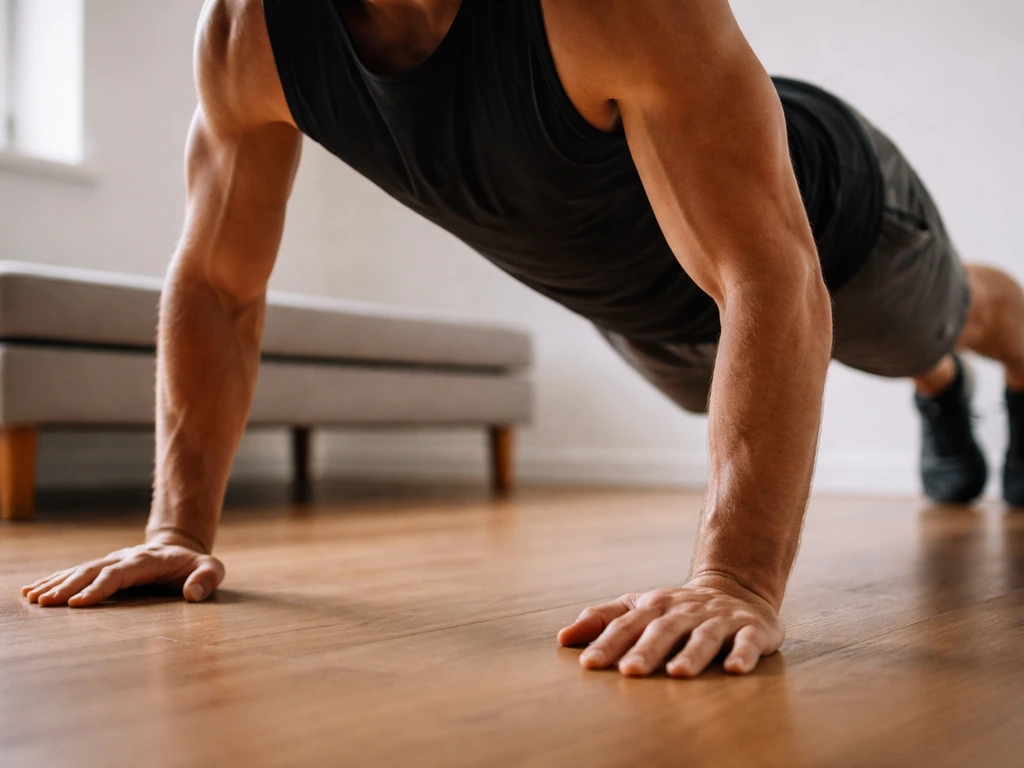 Anonymous athlete performing slow-tempo elevated push-ups with strict form in a simple home setting.