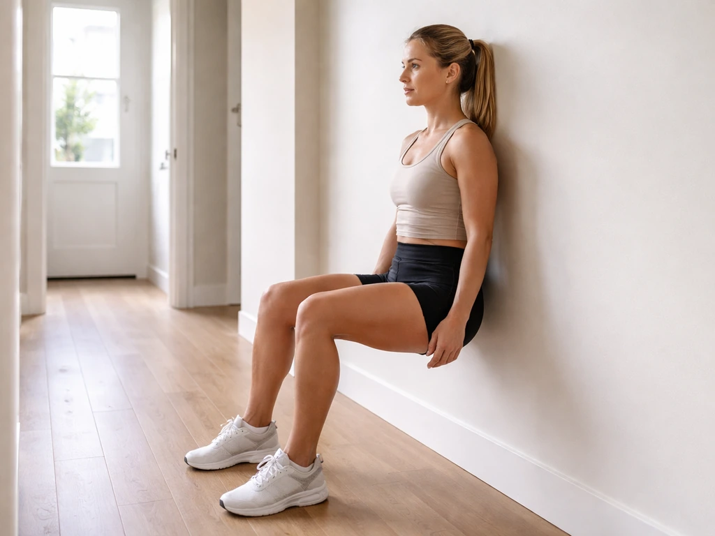 Person holding a seated wall-sit position against a smooth wall, demonstrating isometric muscle tension