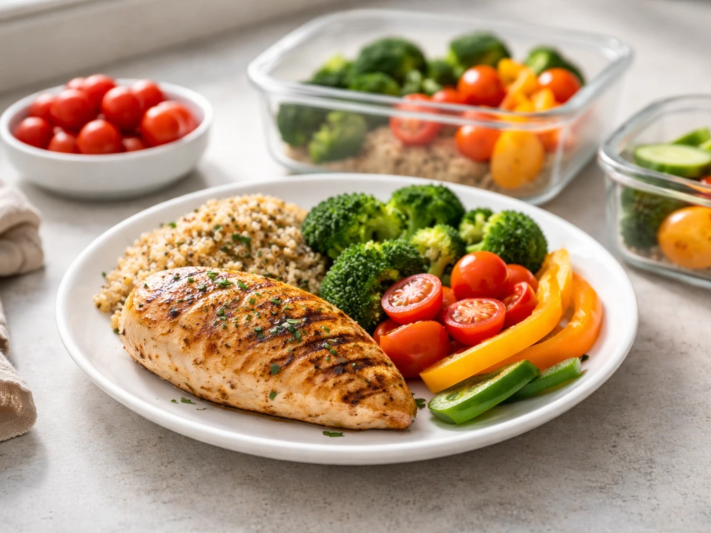 Minimal plate with lean protein, colorful vegetables, and a measured portion for protein-focused meal prep